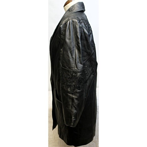 Vtg 80s ECHTES Leder Women's Leather Trench Coat Jacket Embroidered Detail Sz S - Picture 3 of 12